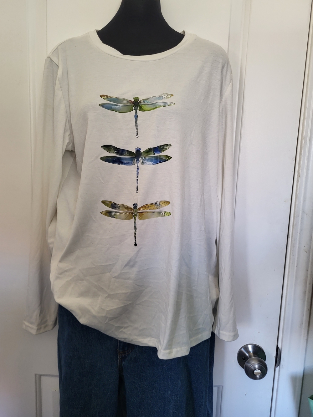 White Long-Sleeve Tee with Dragonfly Print
